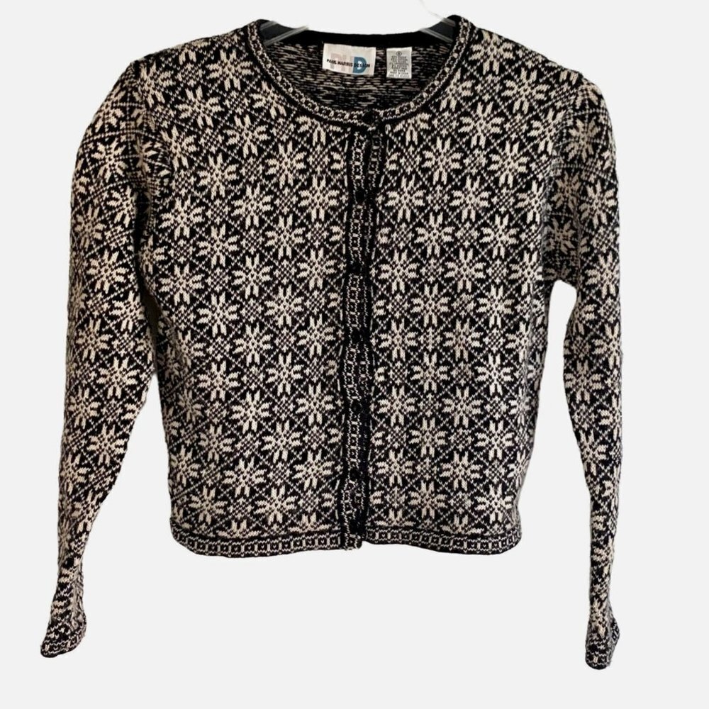 Paul Harris Design Black White Button Up Cardigan Sweater Small